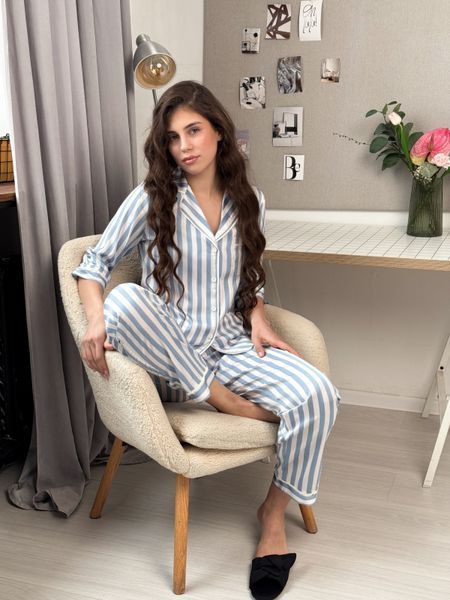 Піжамний костюм з рукавом 3/4 та брюками синя смужка 100099 фото